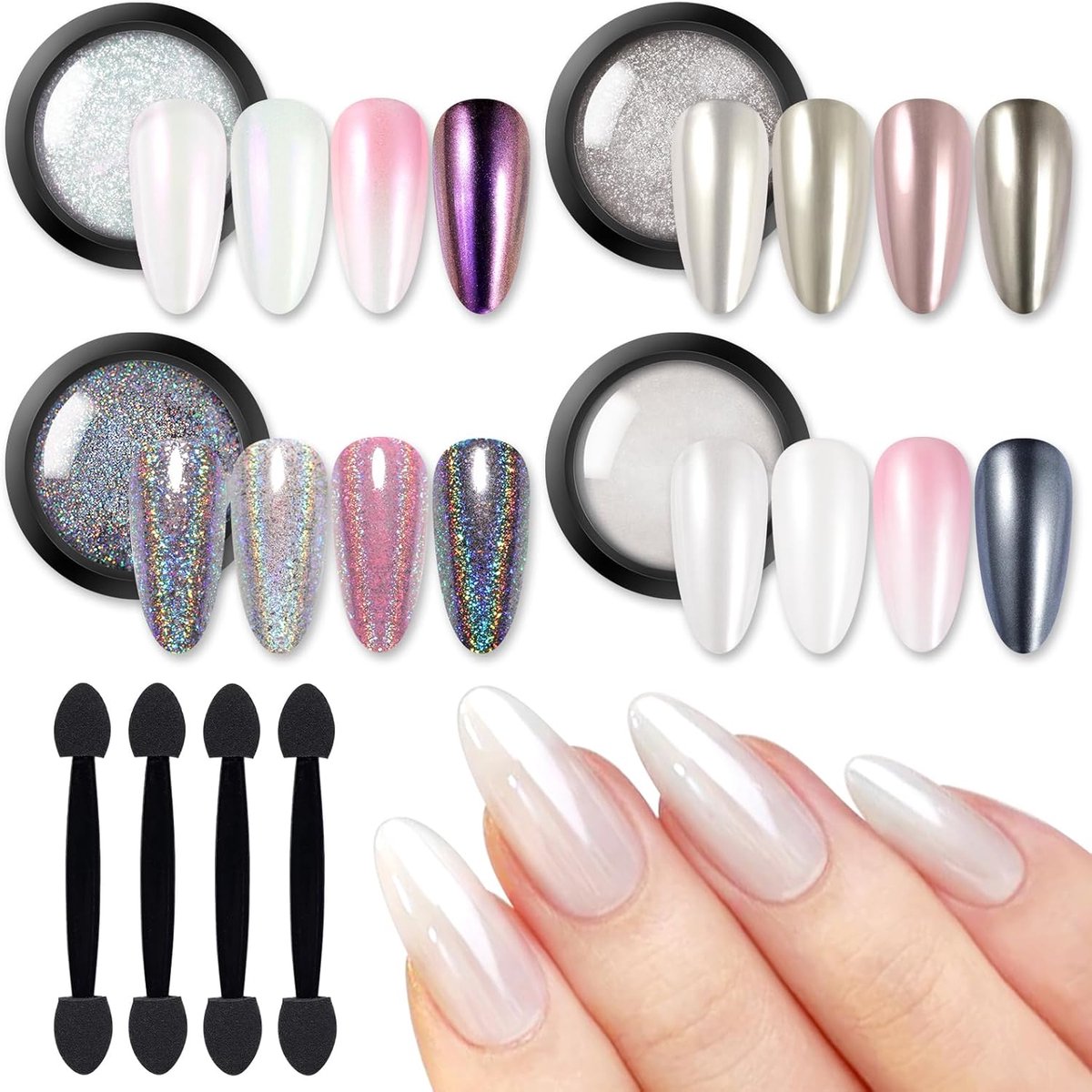 OLOEY 4-delige chroom nagelpoederset-witte parelmoer metallic spiegel holografische chroom nagelpoeder-parelmoer glitter pigmentpoederset-nageldecoratieset