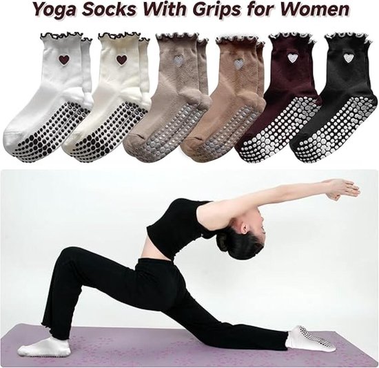 6 Paar - Dames Ruche Antislip Yoga Gripsokken - Antislip sokken - Zachte Ademende Sokken - Met Hartjes Borduurwerk - Katoen - Voor Binnen Gebruik, Pilates, Ballet & Fitness - 6 Warme Kleuren van Merkloos — afbeelding 3
