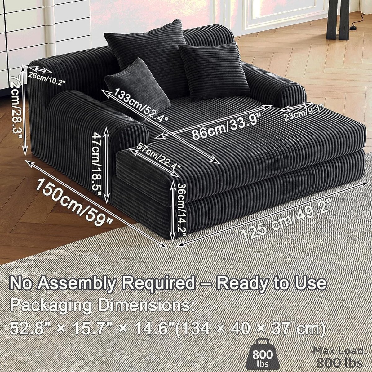 Vloerbank 2-zits Corduroy Slaapbank 150 cm Breed – Oversized Lage Gaming & Relax Bank met Diepe Zitting 86 cm, 3 Ergonomische Rugkussens, High-Resilience Schuim, Geen Montage, Zwart | HomebyNicole