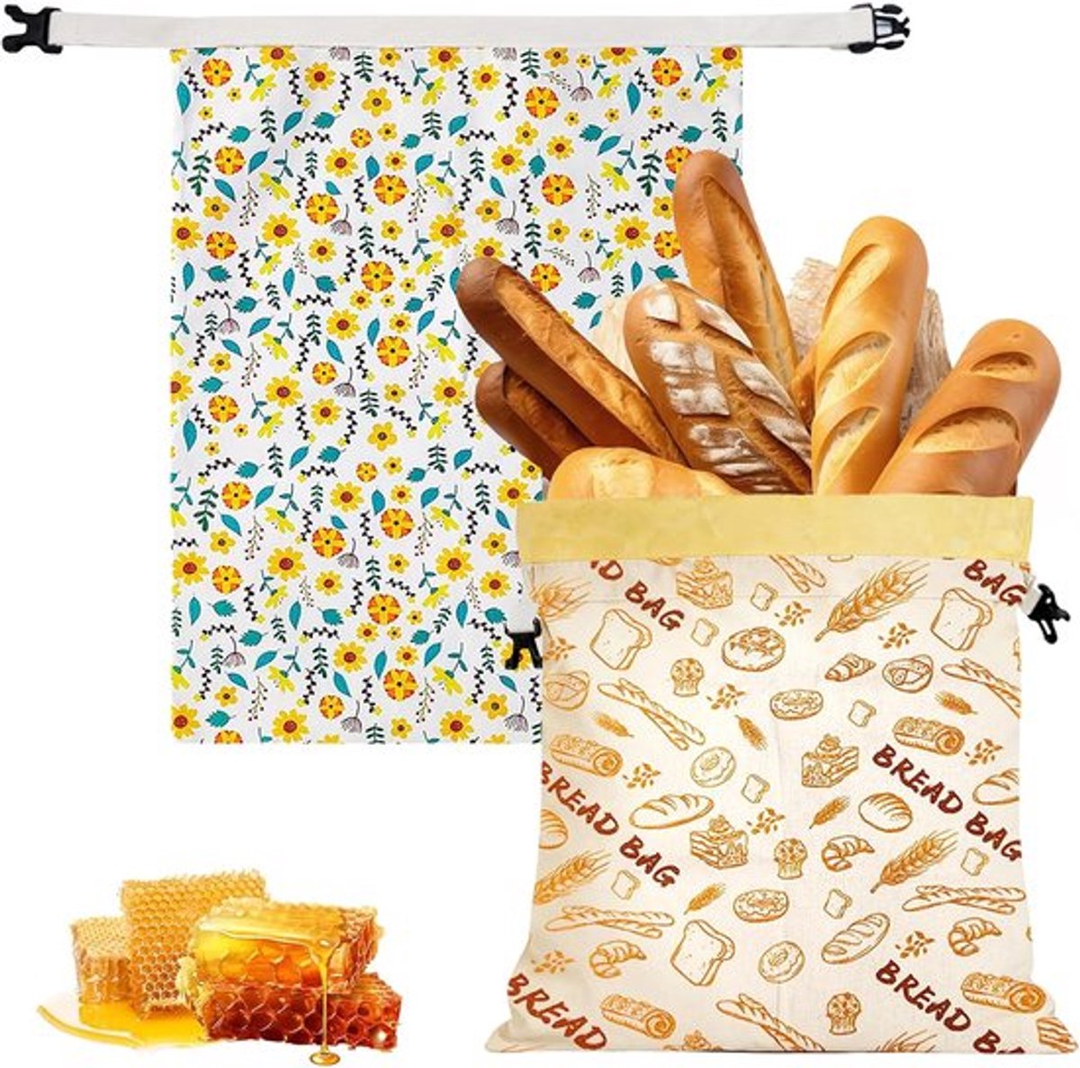 2-Pack Bijenwas Broodzakken XXL - 43x33cm - Groot en Draagbaar - Voor Zuurdesembrood - Herbruikbare Katoenen Bijenwas Broodzakken - Voor Zelfgebakken Brood - Vriezerbestendig - Blijft Vers