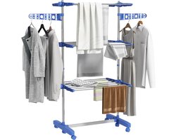 Droogrek opvouwbaar met zijvleugels binnen en buiten gebruik 3 niveaus 142 x 55 x 152 cm blauw