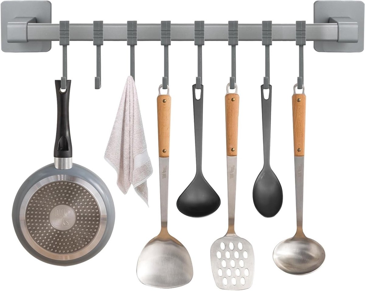 Zelfklevende keukengereihouder met 8 haken, wandhaak voor keuken en badkamer, multifunctioneel en eenvoudig te installeren
