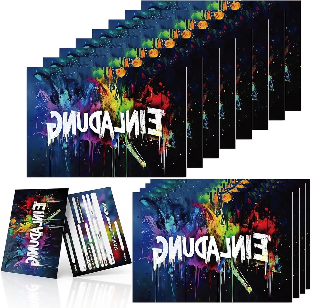 Creatieve uitnodigingskaarten voor kinderverjaardag, 12 stuks, graffiti ontwerp, kleurrijke verjaardagsuitnodigingen, DIN A6 formaat, feestelijke decoratie