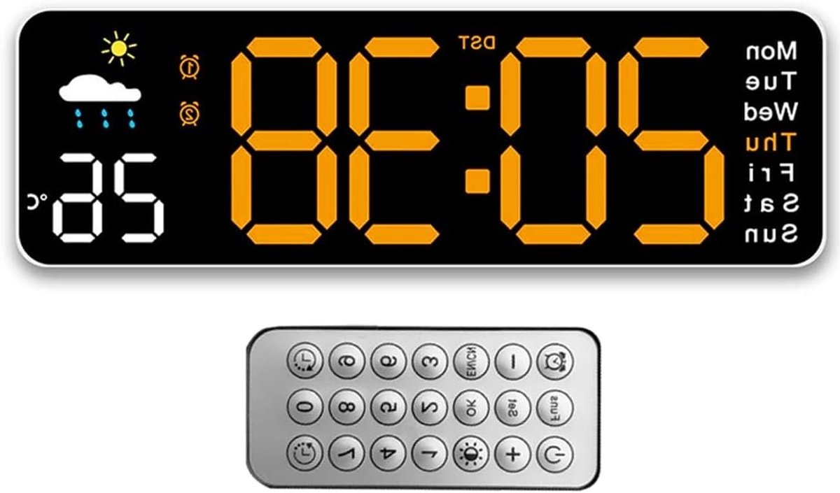 Digitale LED Wandklok met Afstandsbediening, Positieve Aftelling en Dimbare Helderheid voor Woonkamer, Keuken en Kantoor (30CM, Oranje)