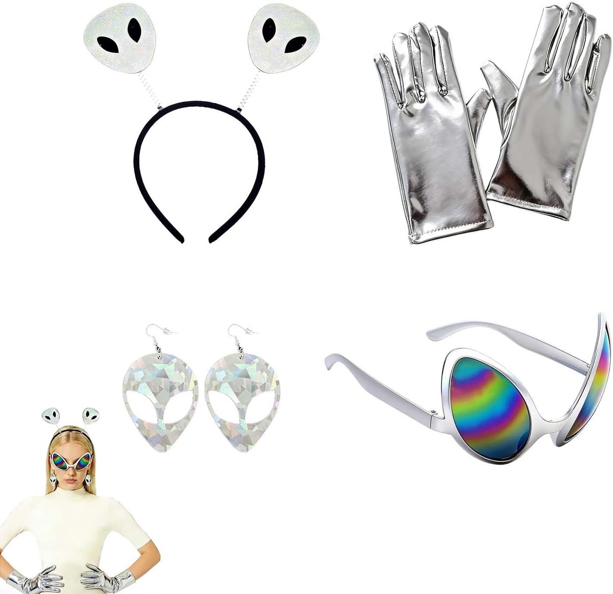 Zilveren Holografisch Kostuum Set met Hoofdband, Zonnebril, Oorbellen en Handschoenen - Ideaal voor Rollenspellen, Feestjes en Festivals - Universele Maat voor Alle Leeftijden