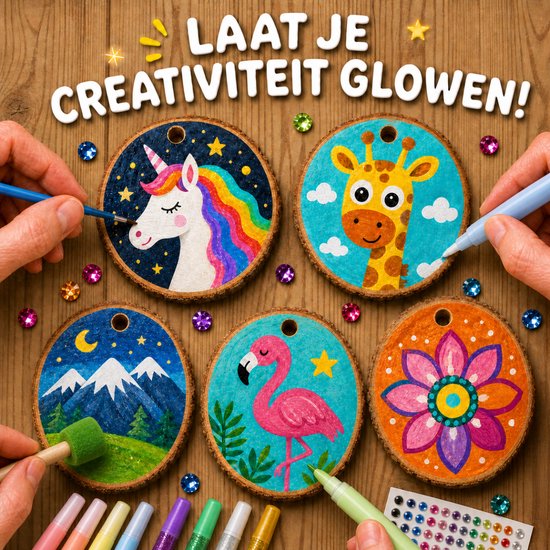Creatieve houten schijfjes met eenhoorn, giraf, pinguïn, bloem, flamingo en berglandschap. Handen maken de schijfjes met verf en glitter.