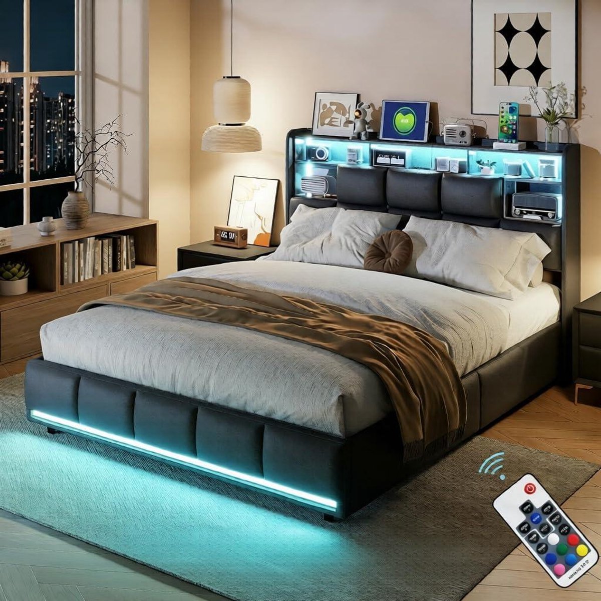 Tweepersoonsbed - Gestoffeerd bed - Slaapkamer opbergen - Met led hoofdeinde - 160x200 cm 
