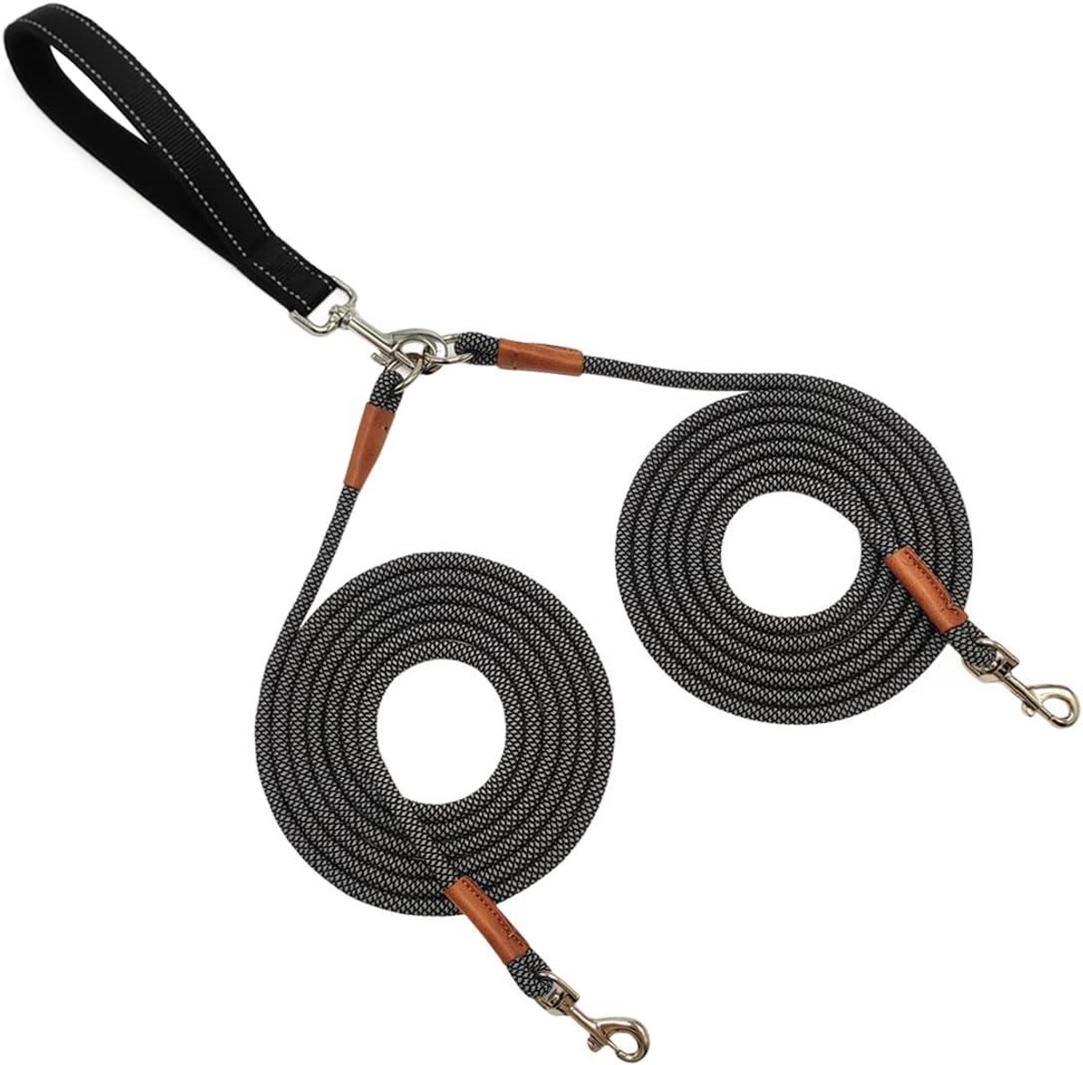 Dubbele Hondenriem - Touwriem 2 Honden - Honden Uitlaatservice - 360 Graden Anti-Knoop - 8ft x 1/4 inch - Zwart Grijs