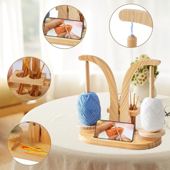 Multifunctionele houten draadhouder voor breien, wolroller en telefoonhouder, ideaal voor breiaccessoires en geschenken, houtkleur van Merkloos — afbeelding 5