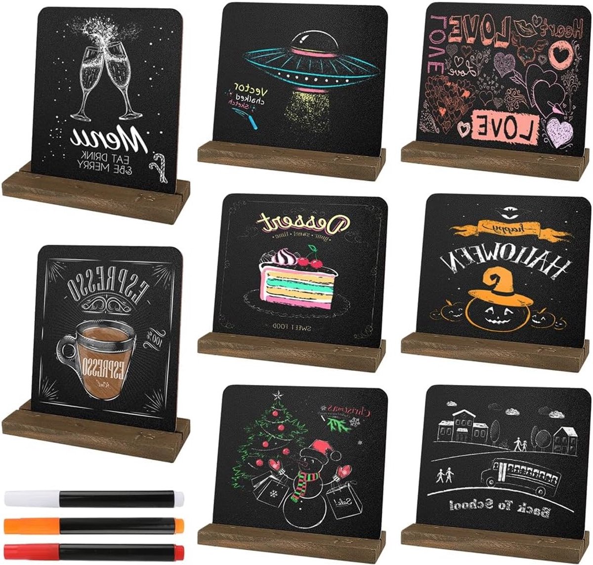 Set van 8 leisteen borden voor schrijven, kleine krijtborden met rustieke houten standaard, ideaal voor buffetten, evenementen en feestjes met 3 markers en prijskaartjes.