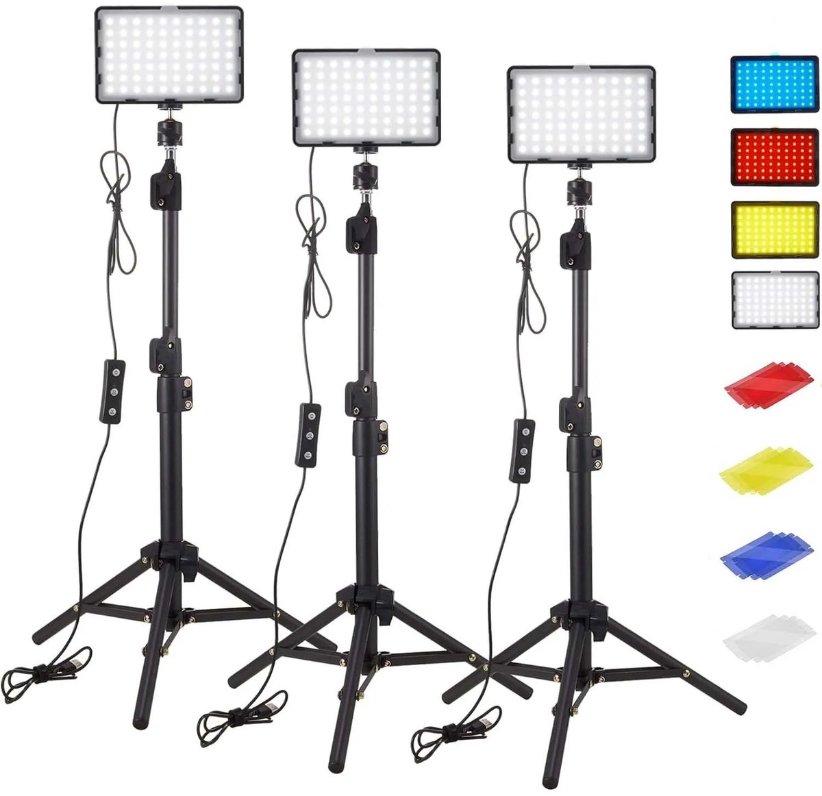 Vécarti - Lichtstatief - LED - Fotografie - Lamp - RGB Filter - Filters - 4 Kleuren - 110cm Tripod - Type C - Blauw, geel, rood en wit