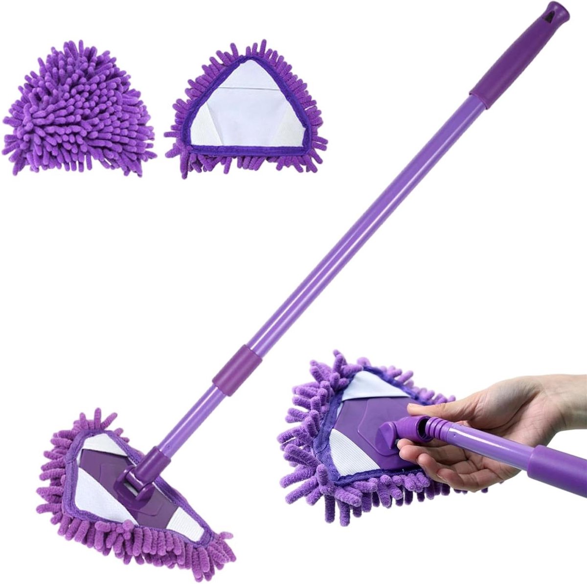Driehoek Mop Set - Verstelbare Mop - Muren Schoonmaken - 180 Graden Draaibaar - 54-90 cm - Paars