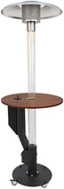 Zwarte terrasverwarmer op wielen met rond houten plateau en glazen kolom.