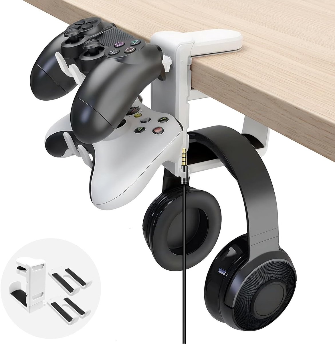 2-in-1 Hoofdtelefoonstandaard en Controllerhouder met 360° Rotatie, Kabelorganizer en Gaming Accessoires in Wit