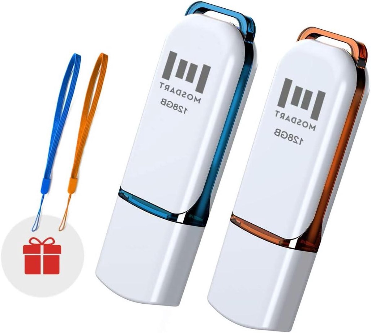 USB Flashdrive - Geheugenstick - Data Opslag - Anti-verloren dop - 2x 128 GB - Oranje en Blauw