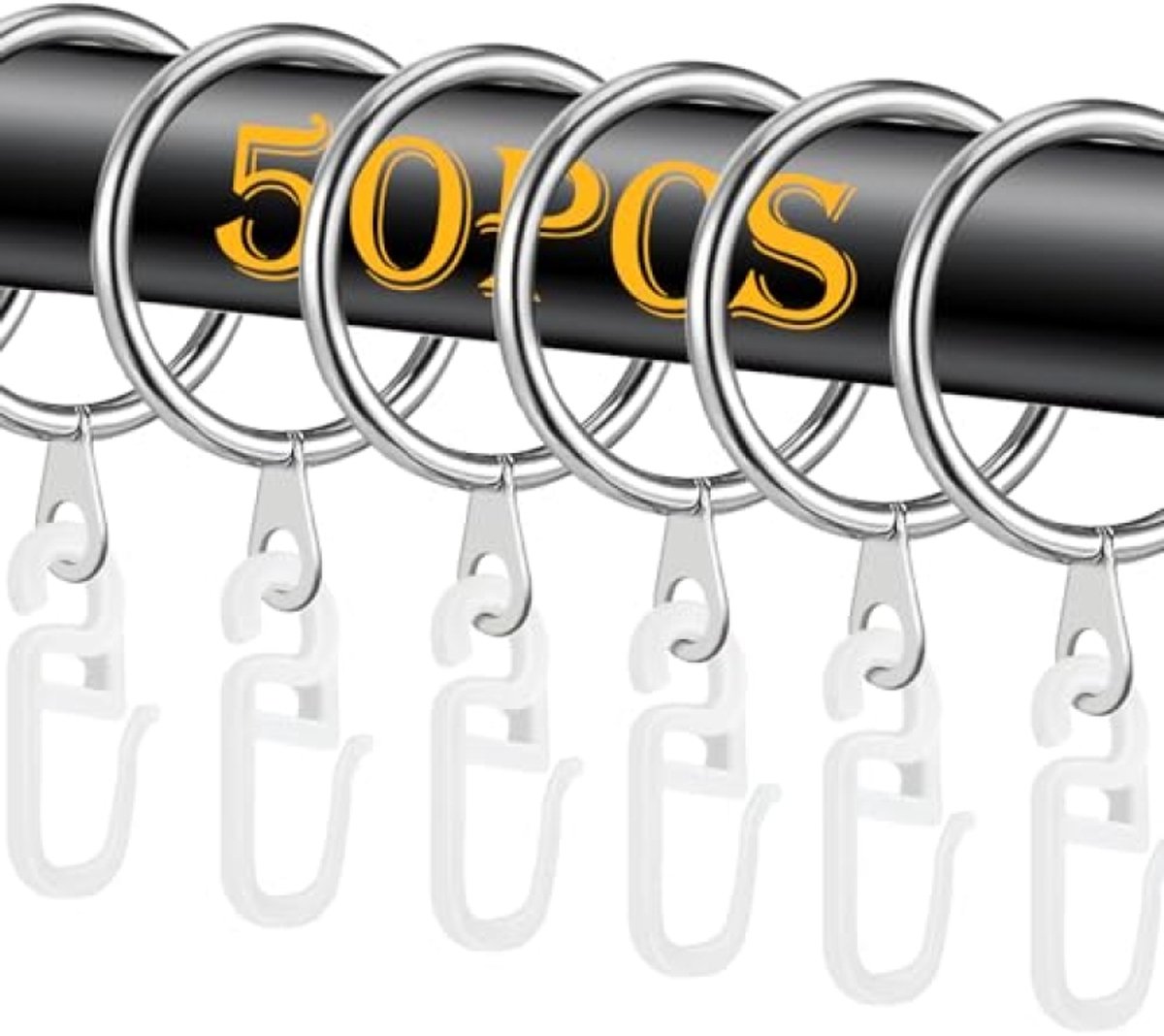PromoHome 50 stuks metalen gordijnringen en 50 stuks kunststof gordijnhaken - 30 mm binnendiameter - voor raam-, bed- en douchegordijn - zilver
