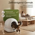 Een vrouw leest op de bank, kattenbak met een kat die eruit komt op de achtergrond.