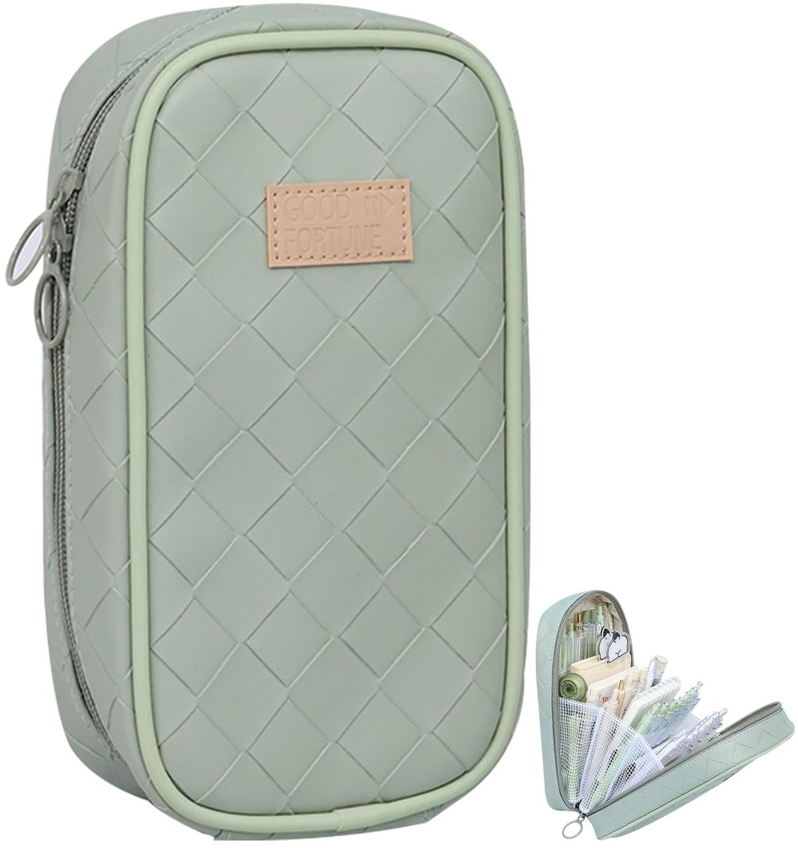Schooletui voor Meisjes - Gebreid Model van PU-leer - Groot Etui met 6 Vakken - Multifunctioneel Pennenetui voor School en Kantoor - Groen Modern