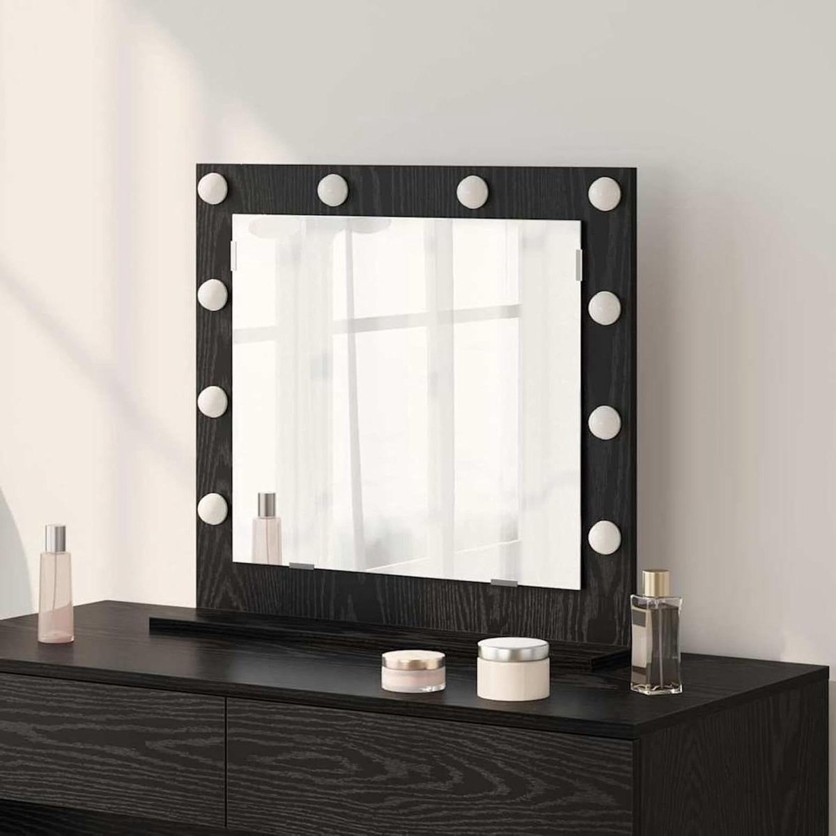 Wandspiegel - Decoratieve spiegel - Make-up aanbrengen - Geïntegreerde ledverlichting - 60 x 55 cm - Zwart eiken