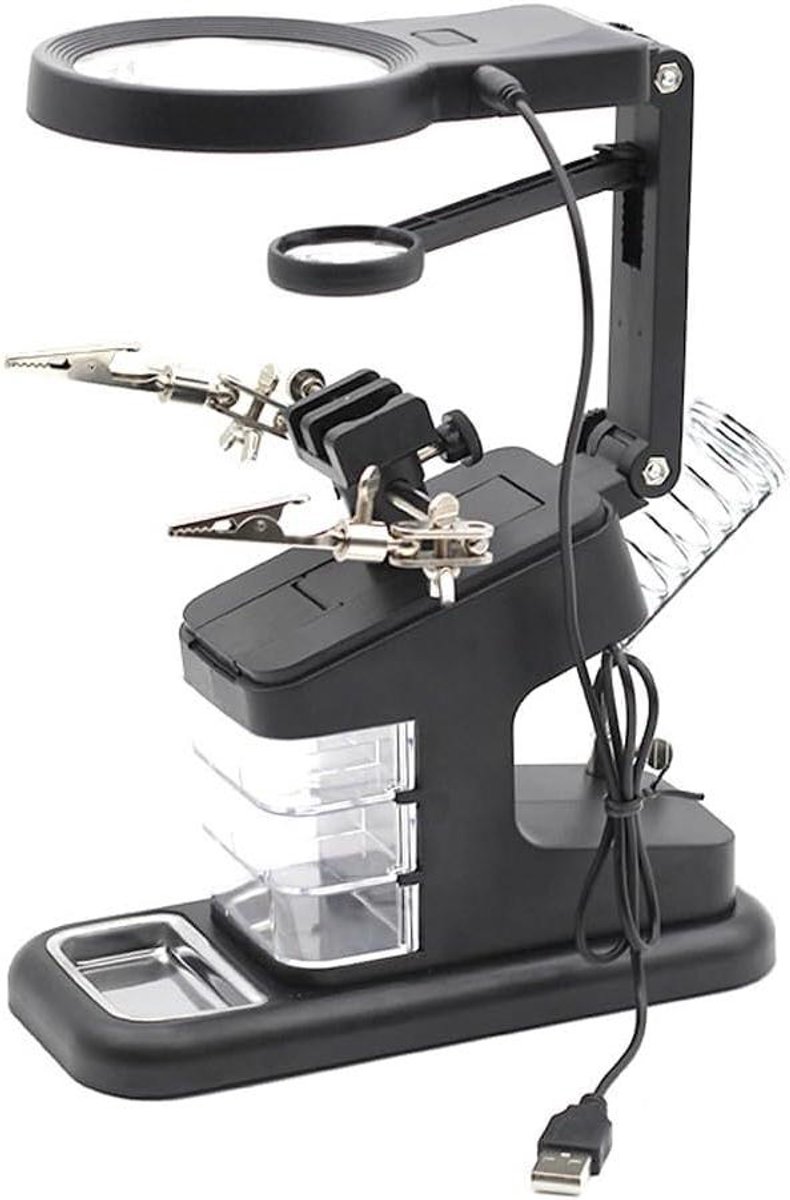 Vergrootstation met klemmen - Hulpende handen - Hobby en reparatie - 10 LED-lampjes - 3x en 4.5x zoom - Zwart