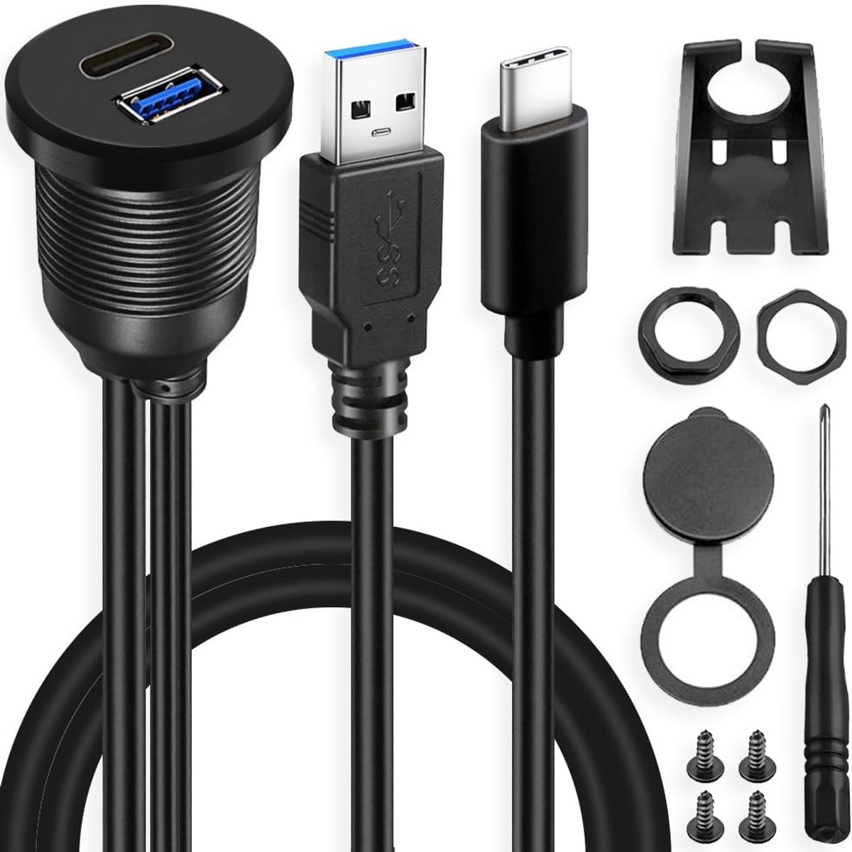 Type-C 3.0 & USB 3.0 Flush Mount Kabel voor Auto, Boot en Motor - 1m