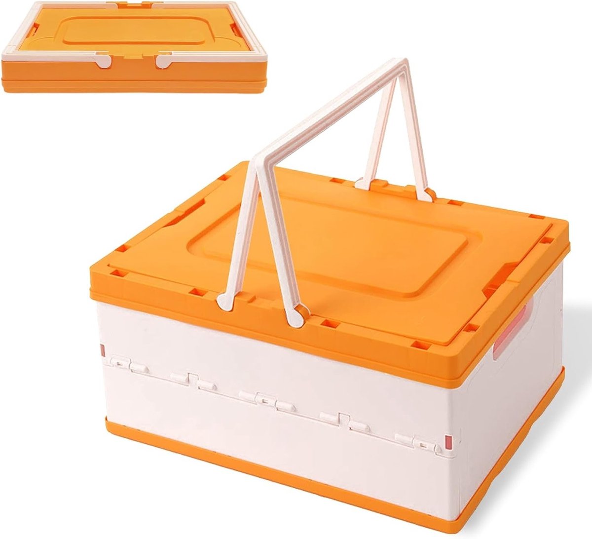Opvouwbare mand met deksel en draaggreep, multifunctionele vouwbox voor opbergen, picknick en tuin, 10 liter, beige-oranje, ideaal voor groenten en fruit
