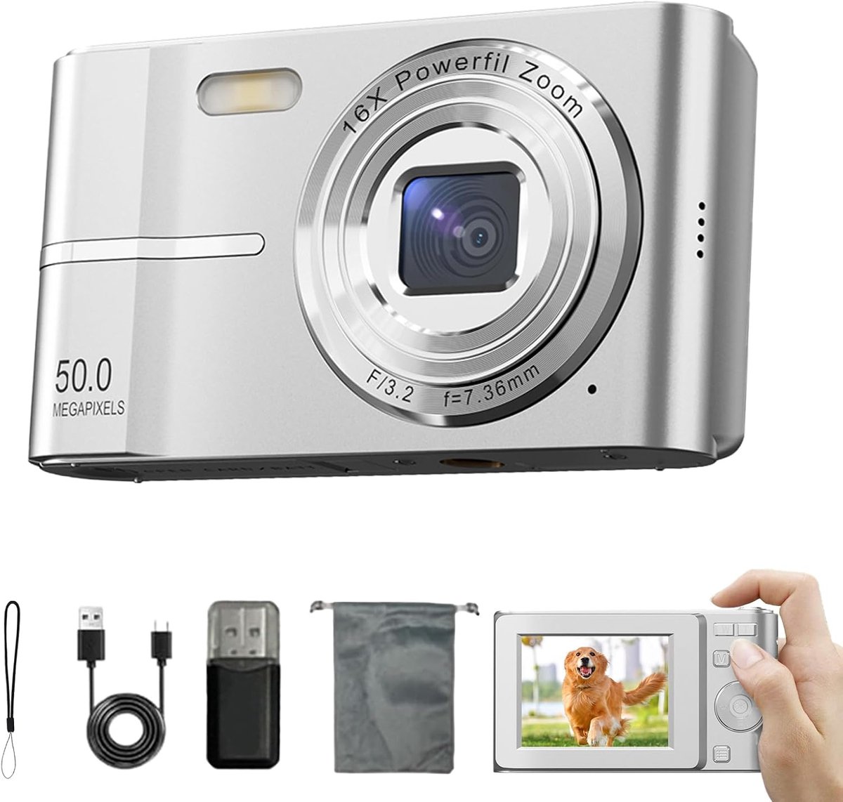 Camera - Digitale Camera - Vintage Aesthetic Fototoestel - 50MP FHD 1080P Compactcamera - 16X Zoom & Autofocus - Inclusief Beeldstabilisatie - Perfect voor Beginners & Tieners - Zilver