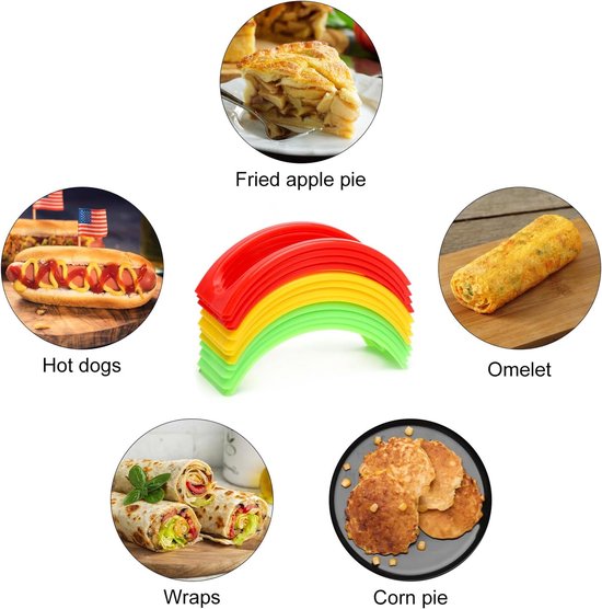 Stapel rode, gele en groene taco houders. Collage met hotdogs, omelet, wraps, corn pie en apple pie.