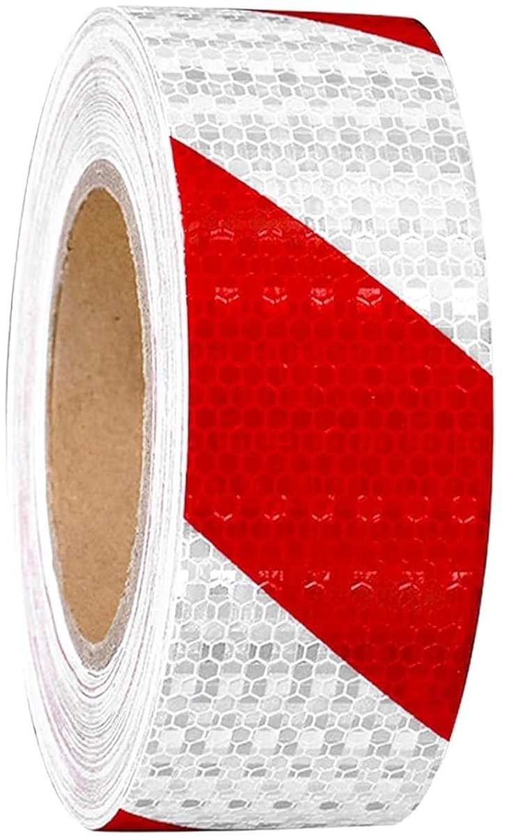 Zelfklevende reflecterende tape 12 m × 5 cm in rood en wit voor veiligheidsmarkering en waarschuwing, ideaal voor zichtbaarheid en bescherming