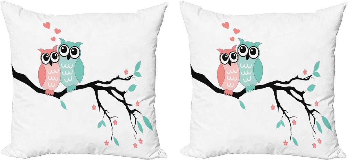 ABAKUHAUS Decoratieve kussenhoezen in turquoise en wit, set van 2, uilenpaar, moderne accenten, dubbelzijdige digitale print, 40x40 cm, zwart