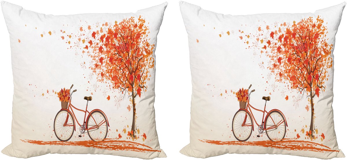 ABAKUHAUS Decoratieve kussenhoes met fietsmotief, 2 stuks, Oranje herfstboom, Modern accent, dubbelzijdige digitale print, 50x50 cm, Oranje