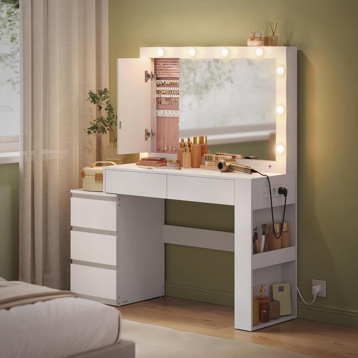 Kaptafel met verlichting - Schoonheidstafel lades - Make-up routine - Geïntegreerd oplaadstation - 40 x 125 x 140 cm - Wolkenwit