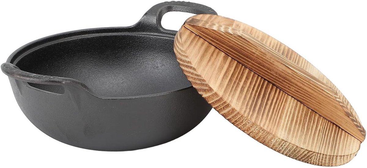 Gietijzeren Wokpan - Roerbakpan met Deksel - Authentiek Koken - Platte Bodem - 20 cm - Zwart