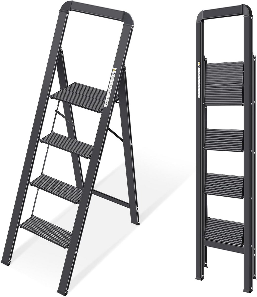 Vouwtrap - Huishoudtrap - Klusjes in huis - Lichtgewicht aluminium - 4 treden - Zwart