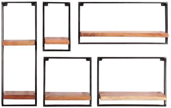 Een set van vijf wandplanken, variërend in grootte, met houten planken en zwarte metalen frames.
