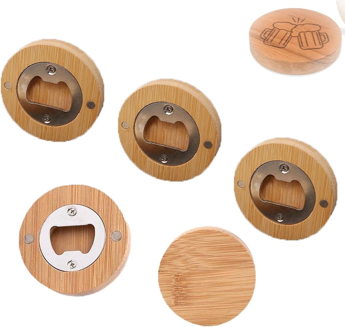 Ronde Houten Flessenopener Set van 5 Stuks - Draagbare Bamboo Flessenopener met Magnetische Functie voor Persoonlijke Koelkastmagneten - 6 cm Diameter