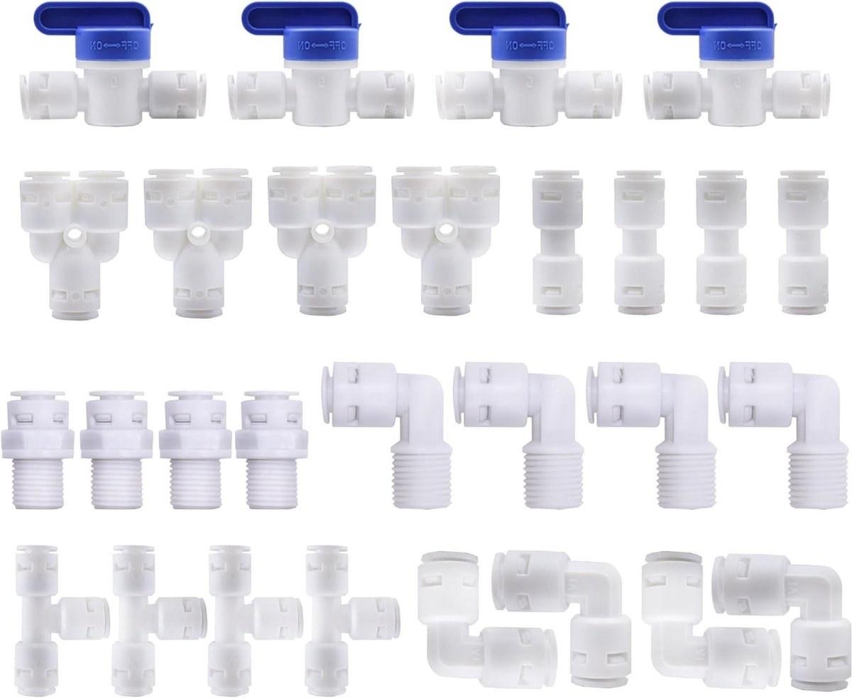 28-delige Wateraansluitset voor Koelkast, 1/4 Inch Slang, RO Waterfilter Aansluitingen met Afsluitklep en Slangverbindingen