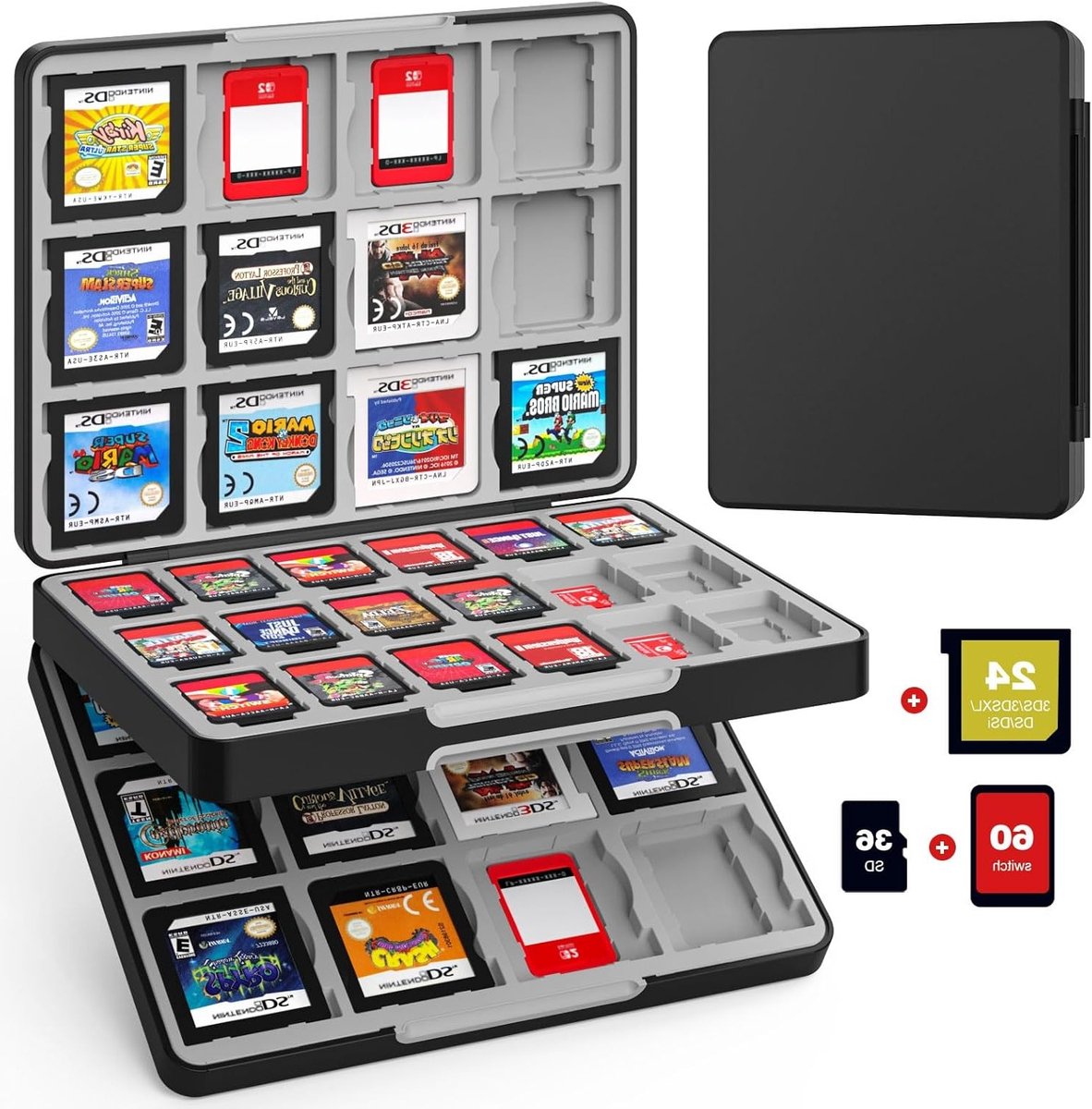 Game Card Case voor Nintendo Switch, 3DS en 2DS - Draagbare Opbergdoos met 60 Slots voor Switch Games, 24 Slots voor 3DS/DS Kaarten en 36 Slots voor SD Kaarten met Magnetische Sluiting, Zwart