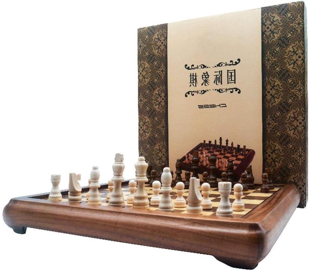 Houten schaakset - Reis schaakbord - Intelligentie spel - Handgemaakte stukken - 2.5 kg - Natuurlijk hout