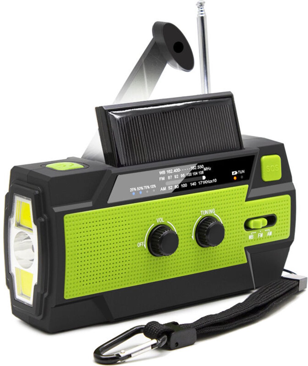 Draagbare noodradio op zonne-energie, 4000mAh powerbank, 3 verlichtingsstanden, geschikt voor thuis, buitenshuis en in noodsituaties, en milieuvriendelijk.