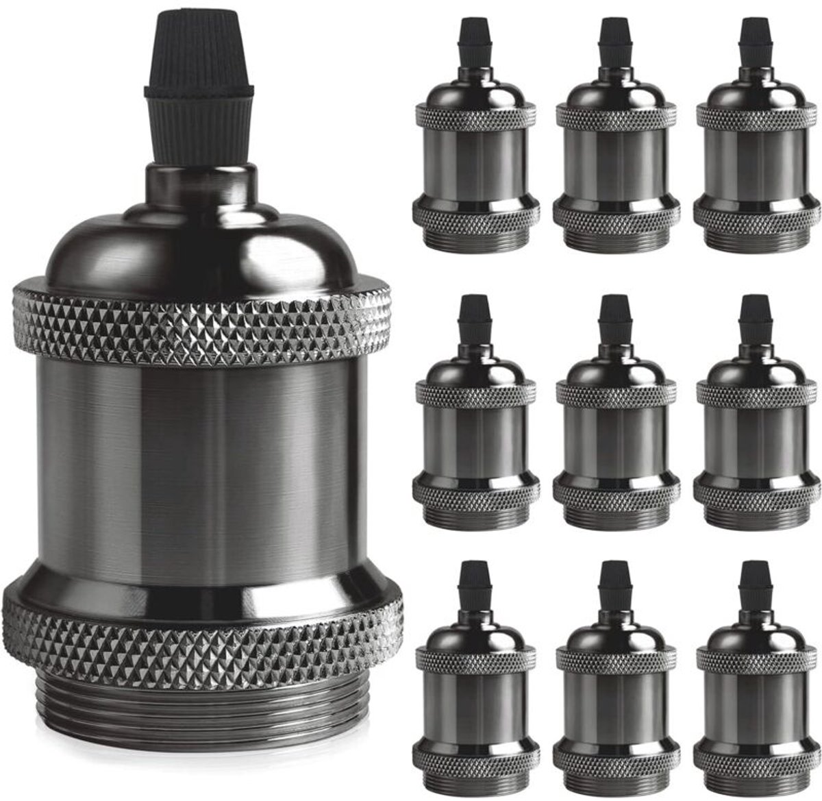 Retro E27 fitting, gemaakt van massief aluminium en keramiek, geschikt voor schroefvoet, geschikt voor doe-het-zelf wandlampen, tafellampen, vloerlampen of plafondlampen, parelzwart, 10 stuks.