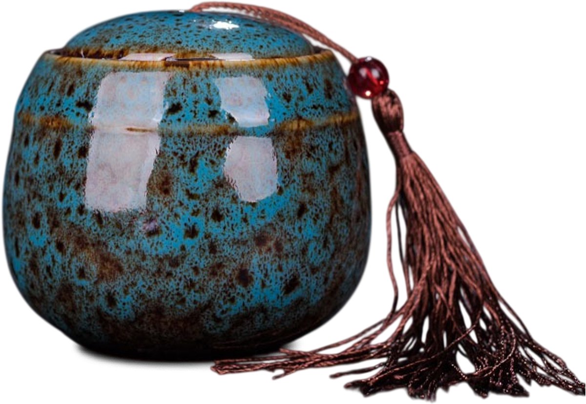 Akerz Keramische Mini Urn Blauw – Handgemaakt Herinneringsurntje – 130 ml – Inclusief Kwastje en Beschermzakje – Voor Mens en Huisdier