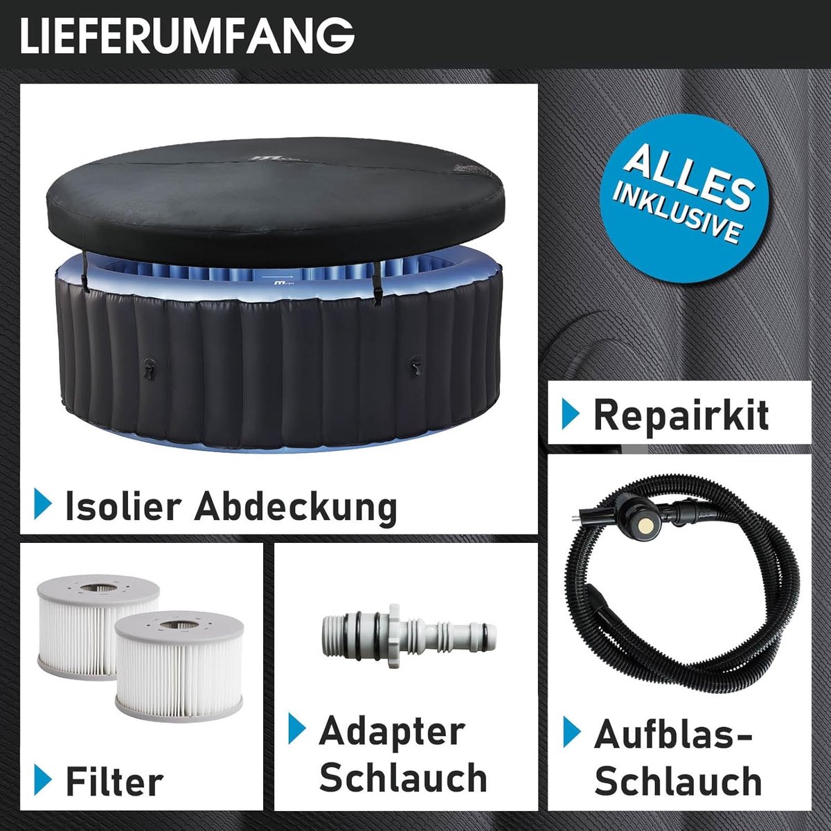 Opblaasbare Jacuzzi 8 Personen – House&Garden Bergen Royal Spa Ø224 cm – 144 Massagejets – Verwarmd Bubbelbad 40°C – Outdoor & Indoor Whirlpool – Winterbestendig – UVC Desinfectie – Energiebesparend – Antraciet/Blauw