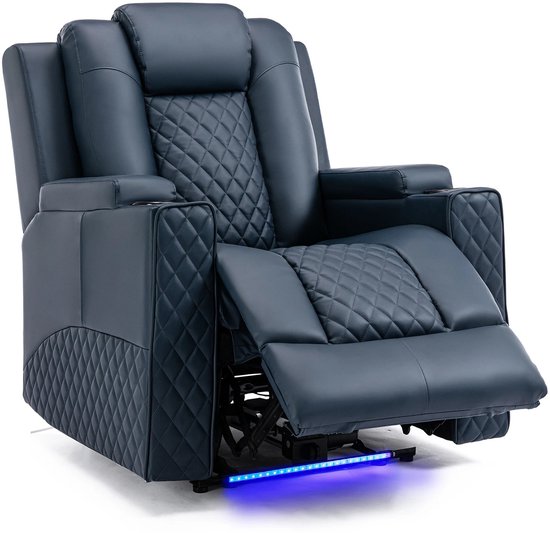 Miryx Fauteuil - Relaxfauteuil - Relaxstoel - Relaxzetel - Ligstoel - TV-fauteuil met LED - Tot 150 kg - Cupholder - Massagefunctie - Blauw