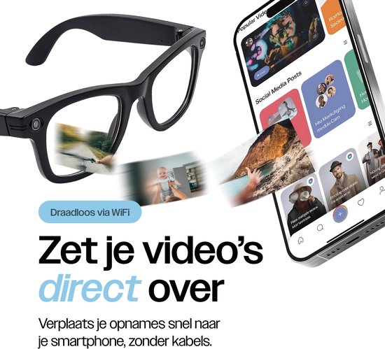REBØNE® Camera Bril - AI Bril met Camera - Slimme Bril 8MP 1080p Full HD - Smart Glasses en Zonnebril met Bluetooth, Muziek en Bellen - 3 Sets Verwisselbare Glazen - Nederlandse App - Zwart met Blauwe Glazen — afbeelding 5