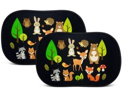PromoHome 2x zonneklep auto bosdieren motief - 48x31 cm - met 8 zuignappen - opvouwbaar met draagtas - universeel voor zijruiten