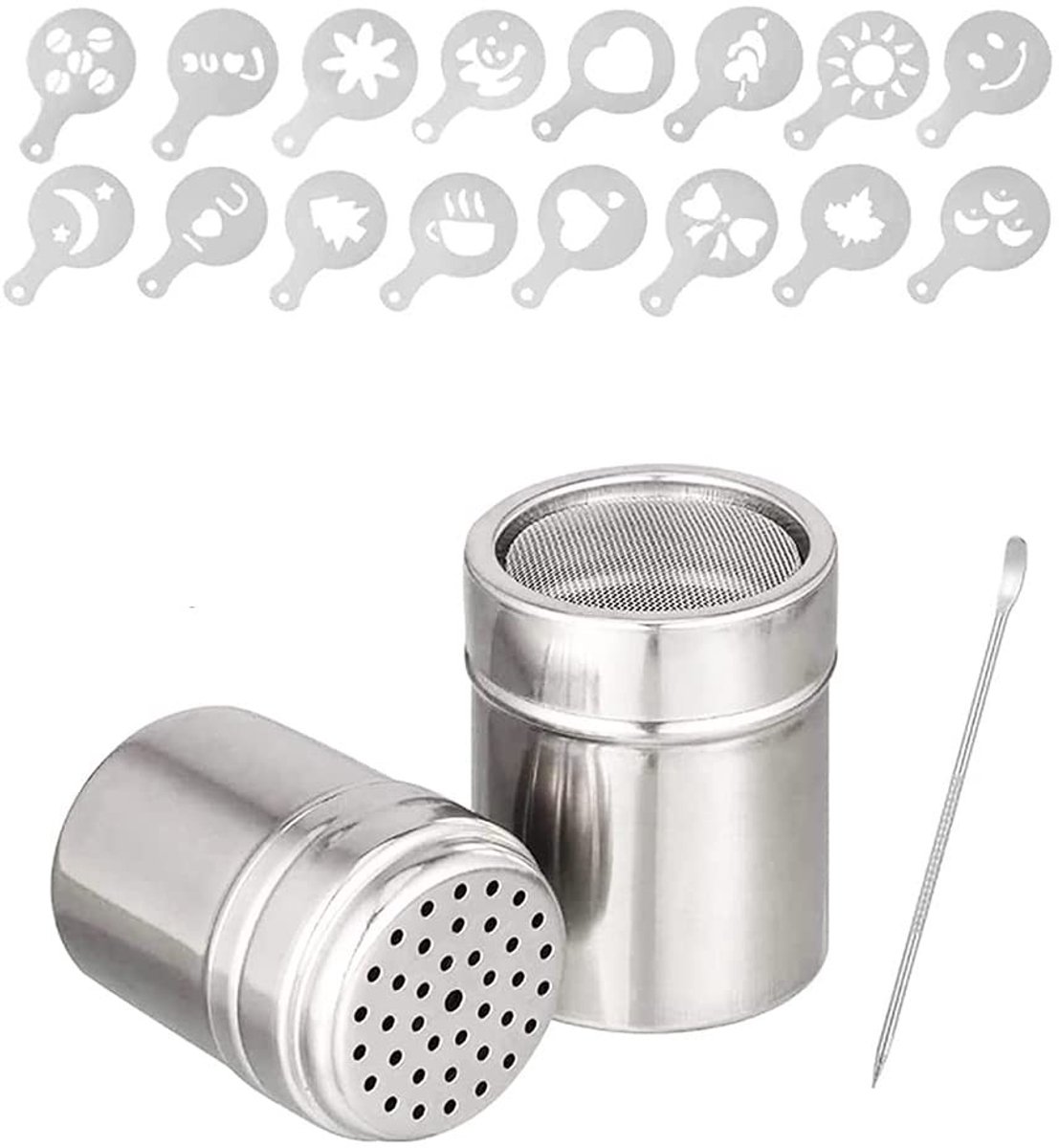 Dailygoods - 2 Stuks RVS Chocolade Shaker Dusters met 16 Koffie Stencils