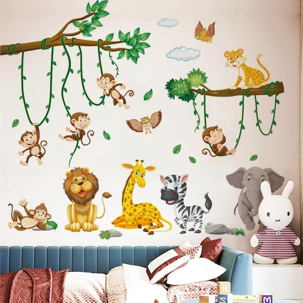 Set van 2 Muurstickers met Jungle Dieren en Boom Vines voor Kinderkamer Decoratie, Olifant, Giraf, Leeuw, Aap, Zebra en Uil