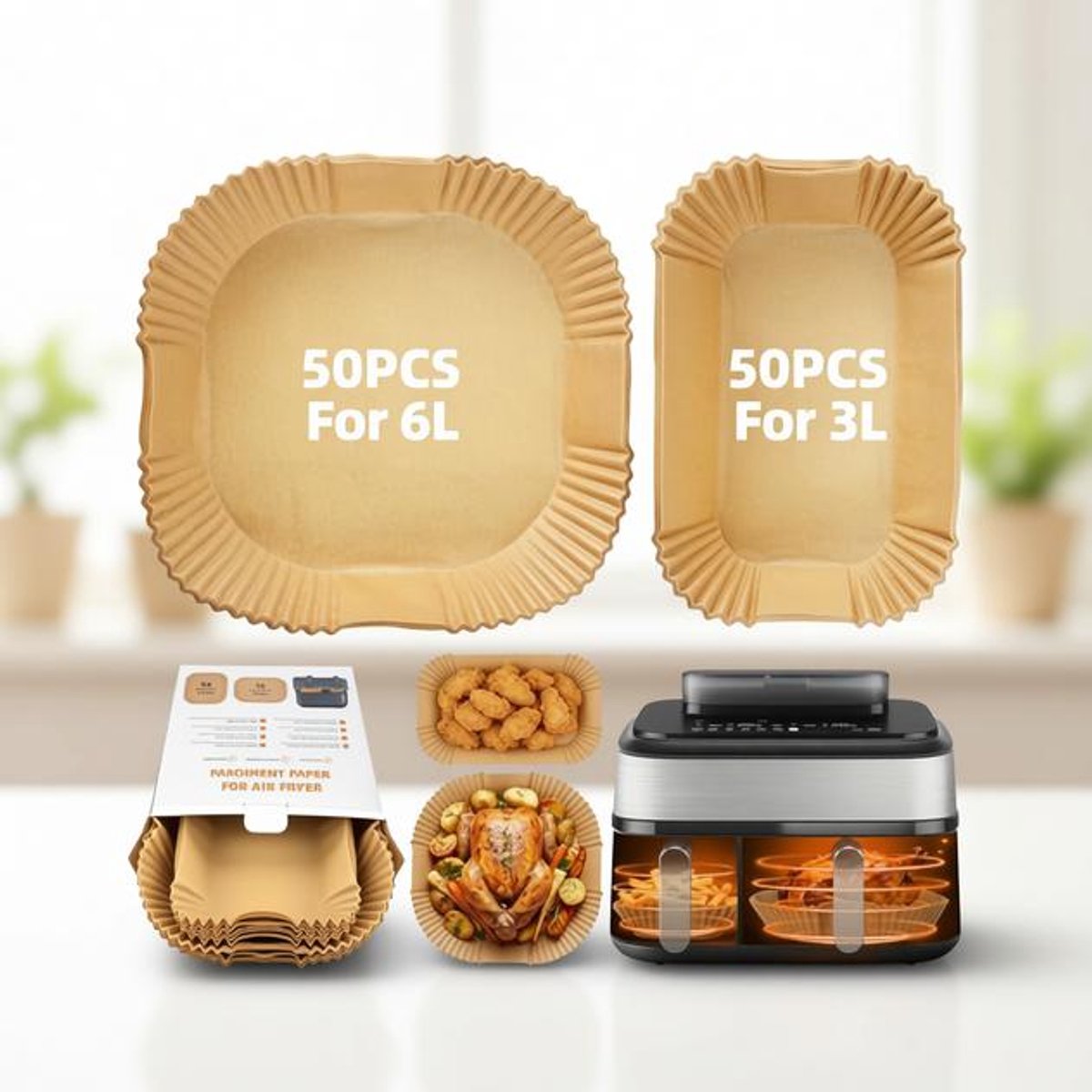 ElleMooi Airfryer Bakpapier voor Dubbele Heteluchtfriteuse 6L/3L, 100 stuks