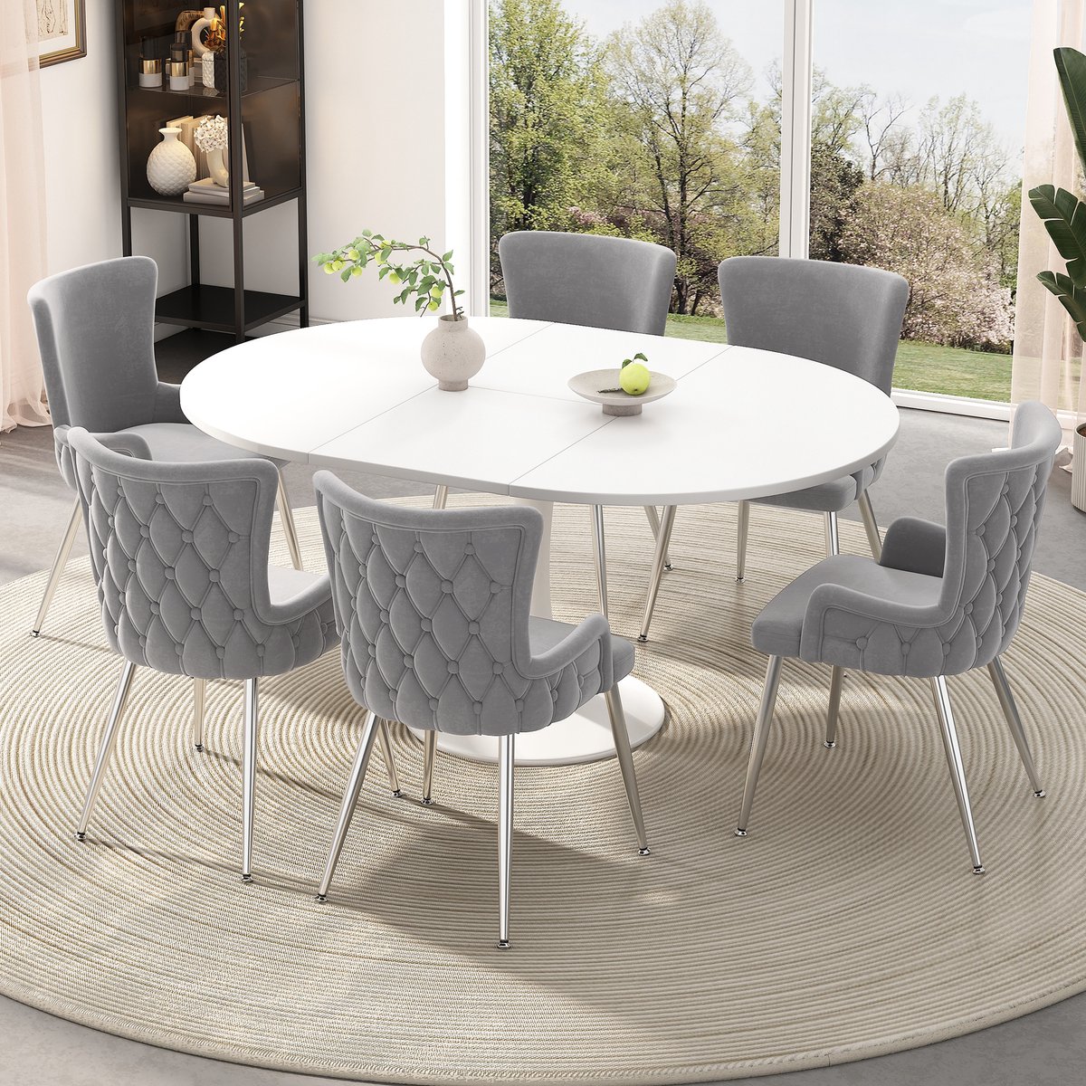 MODFU Eetkamerstoelen Set Van 6 - Fluwelen Bekleding - Moderne Stijl - Voor Eetkamer Of Woonkamer - Metaal - Grijs En Zilver Grijs + Zilver
